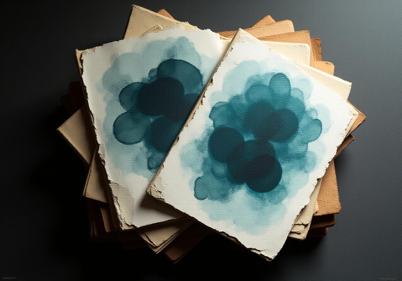 A collection of abstract journals and ink-stained research papers