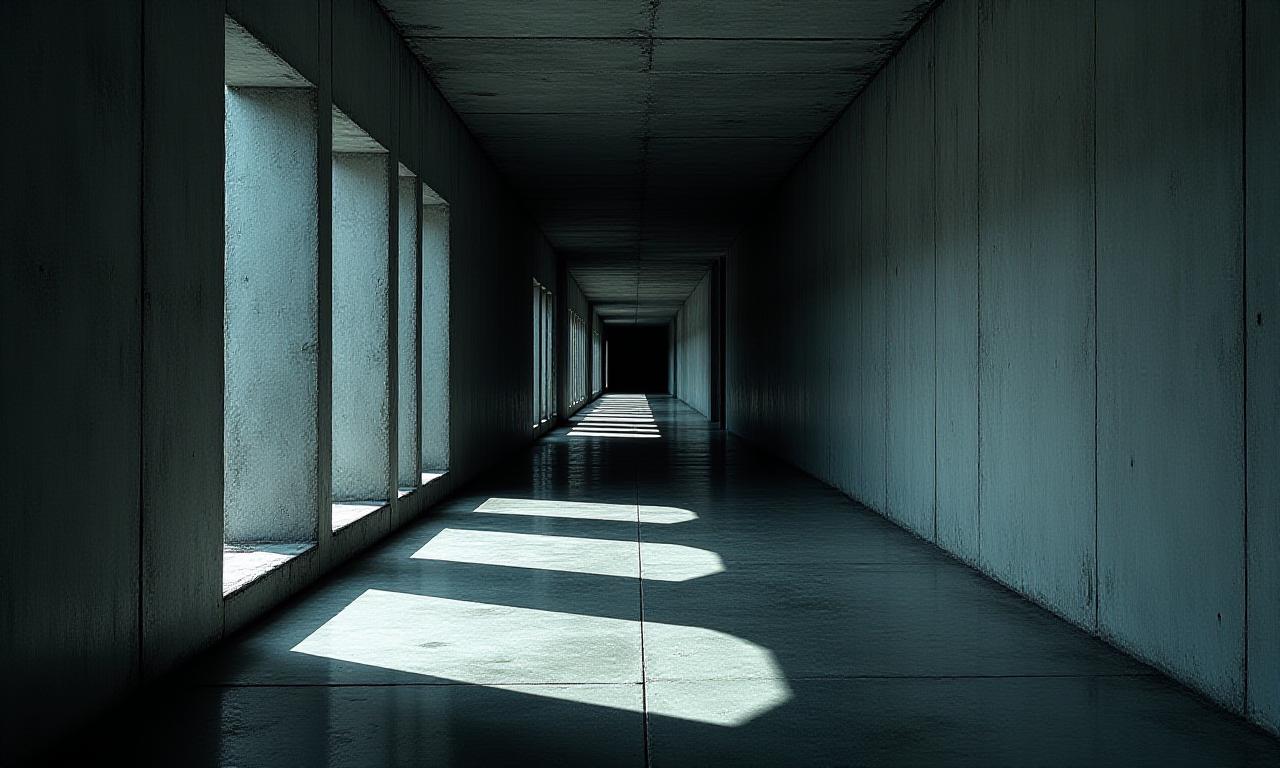 Abstract interplay of light and shadow in a brutalist architectural hallway